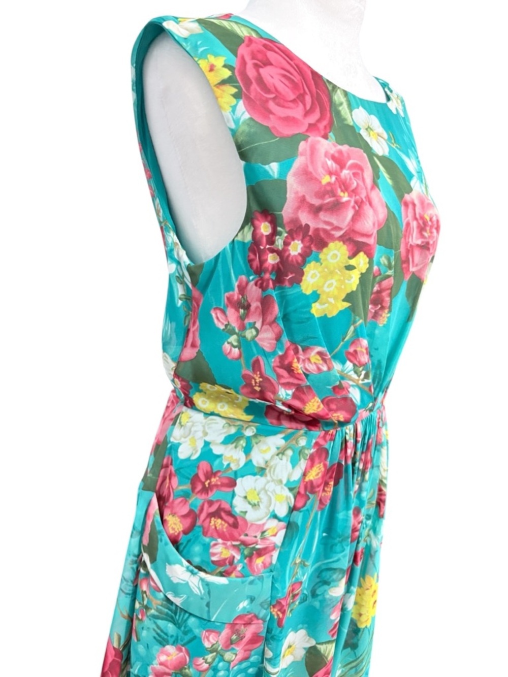 Evan Picone Floral Dress in Teal with Pink Roses Sleeveless Dress Sz 12 - Picture 6 of 9